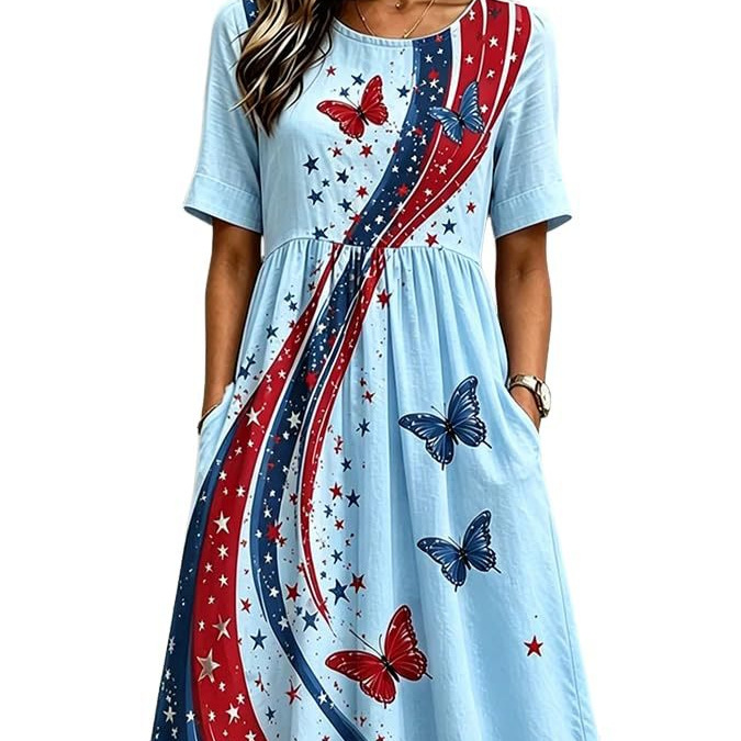 Women's Floral Butterfly Print Pleated Midi Dress