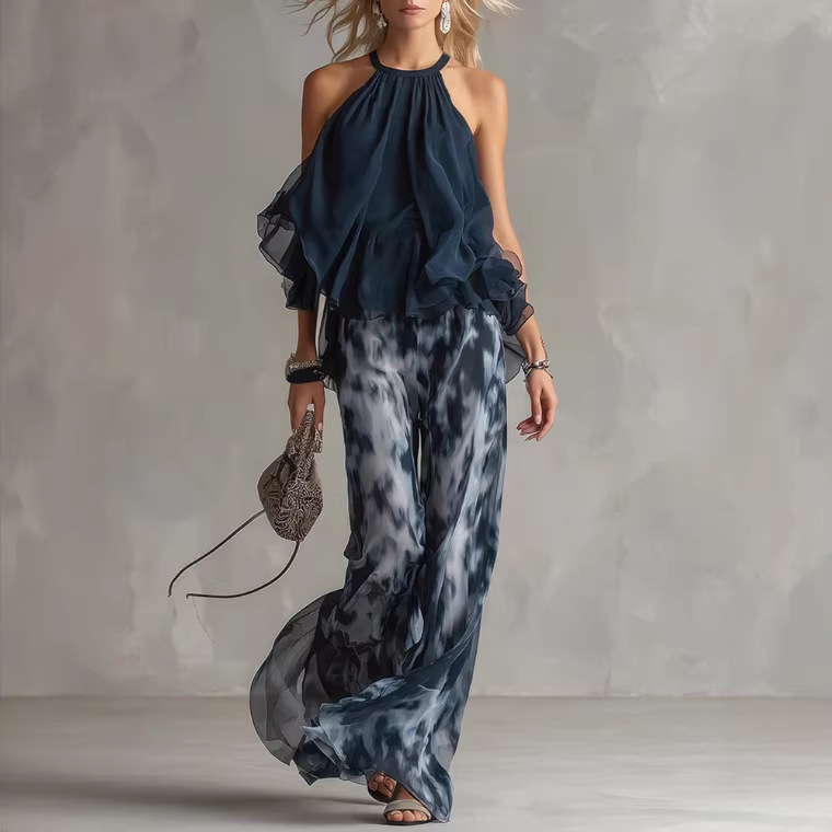 Elegant Navy Open-Back Top and Printed Wide-Leg Pants Set