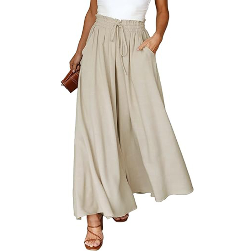 Women's High-Waist Wide-Leg Cotton-Linen Pants Skirt with Pockets