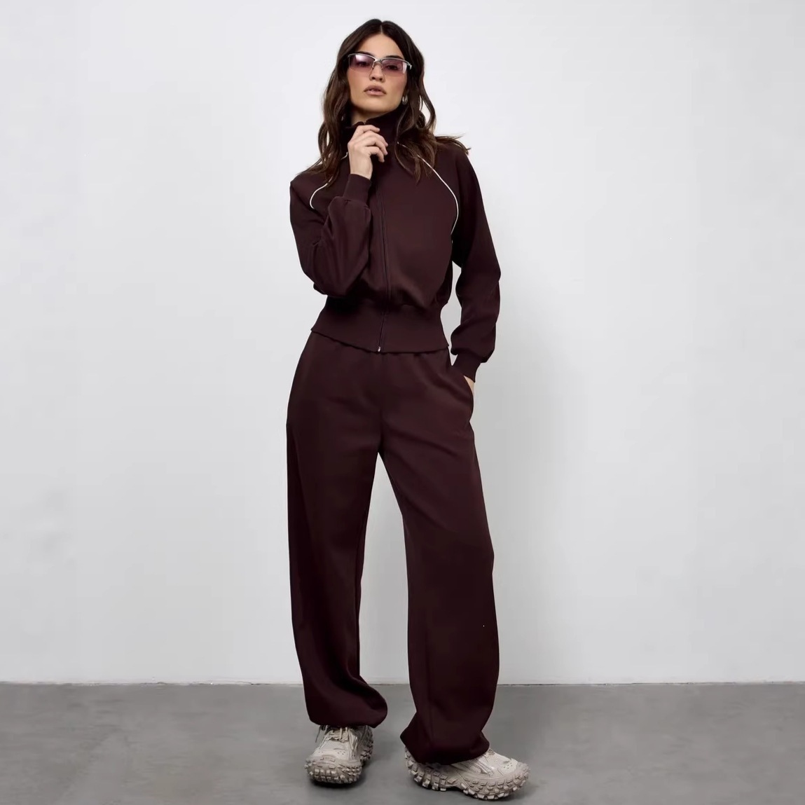 Women's Casual Commuter Two-Piece Set with Zip Cardigan and Wide-Leg Pants