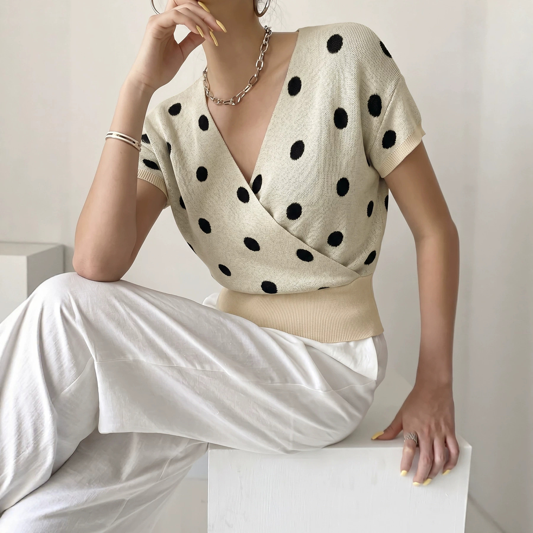 Women's Polka Dot V-Neck Knit Top Cross-Front Short Sleeve Loose Fit
