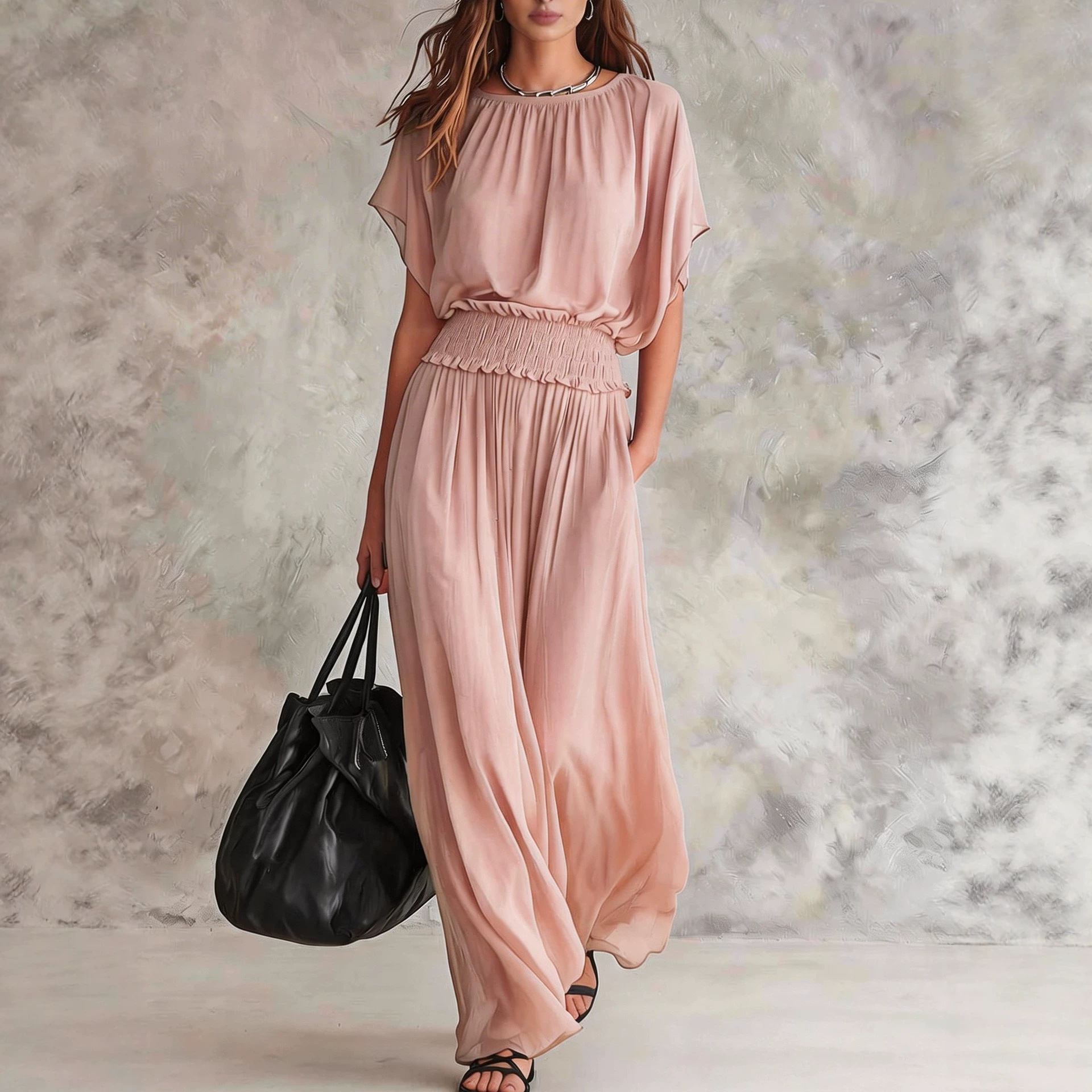 Chiffon Smocked Waist Long Dress