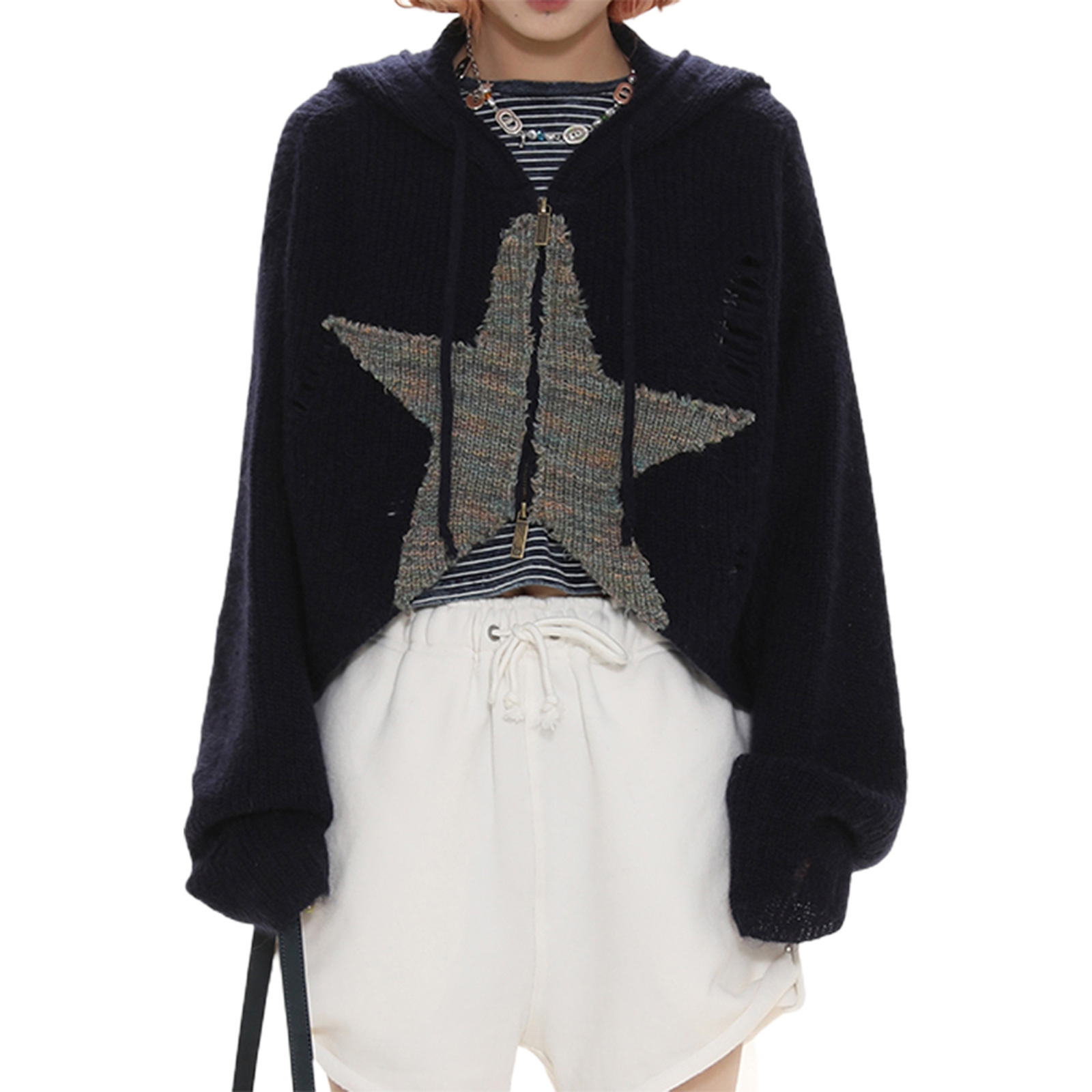 Women's Star Print Hooded Drawstring Cardigan Long Sleeve Top