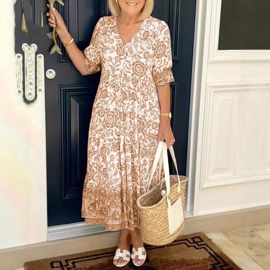 Floral Tie-Dye Print Midi Dress with V-Neck and Half Sleeves