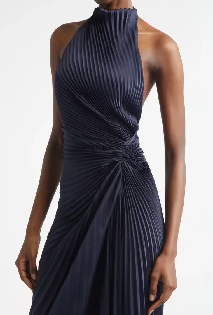 Navy Stand-Collar Halter Pleated Long Dress with Twist-Front Waist