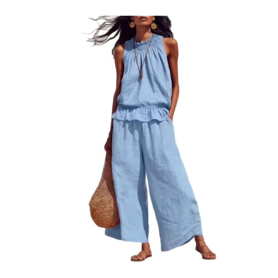 Women's Boho Ruffle Two-Piece Set Sleeveless Vest and Shorts