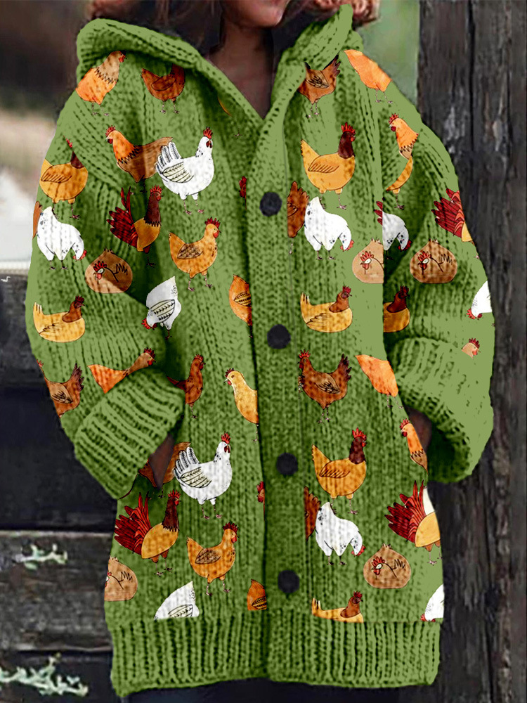 Women's Animal & Plant Print Hooded Button Cardigan
