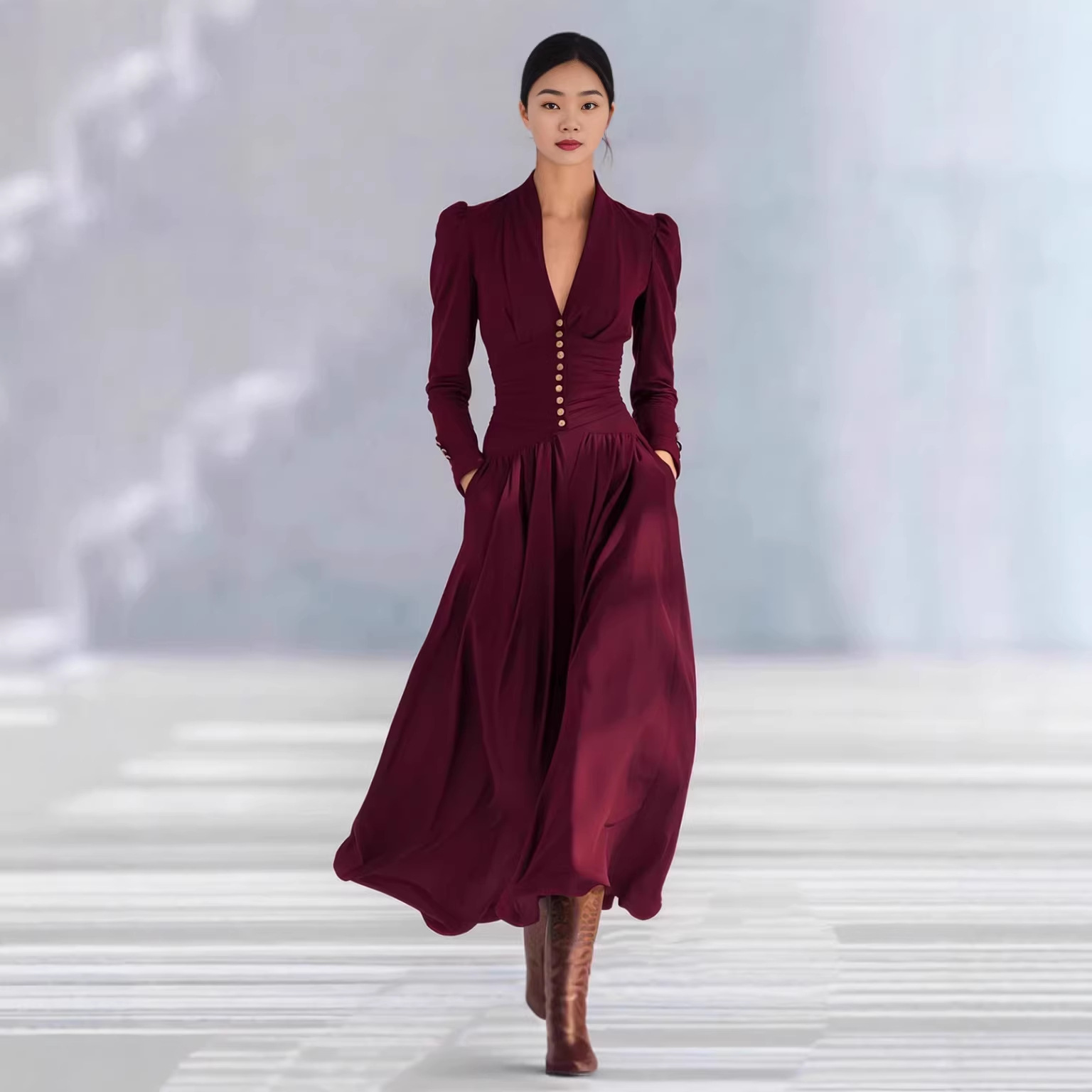 Elegant V-Neck Puff Sleeve Long Sleeve Maxi Dress with Cinched Waist