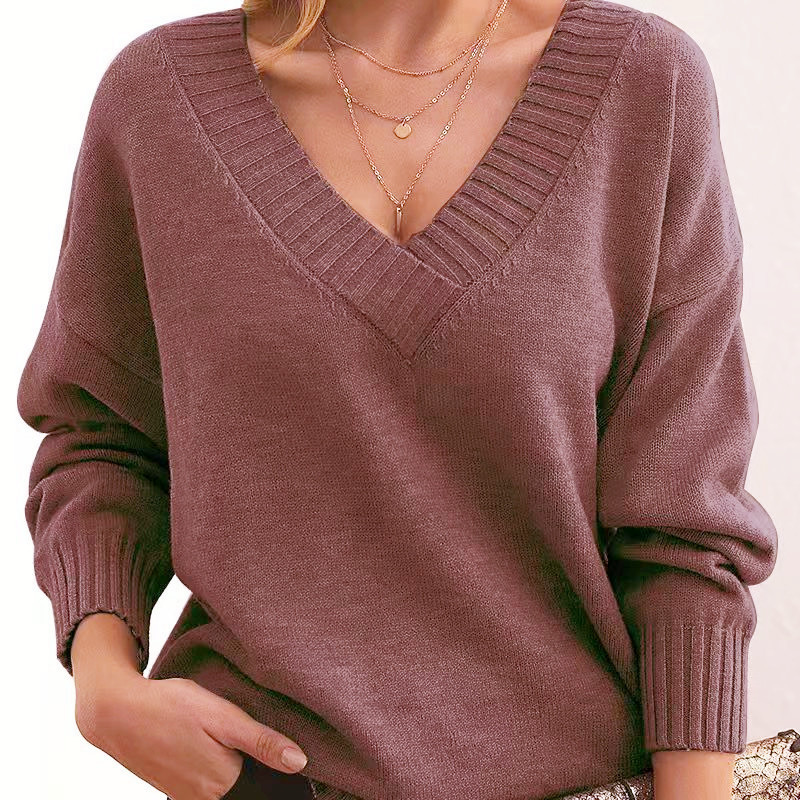 Women's Loose V-Neck Pullover Sweater Casual Knit Top