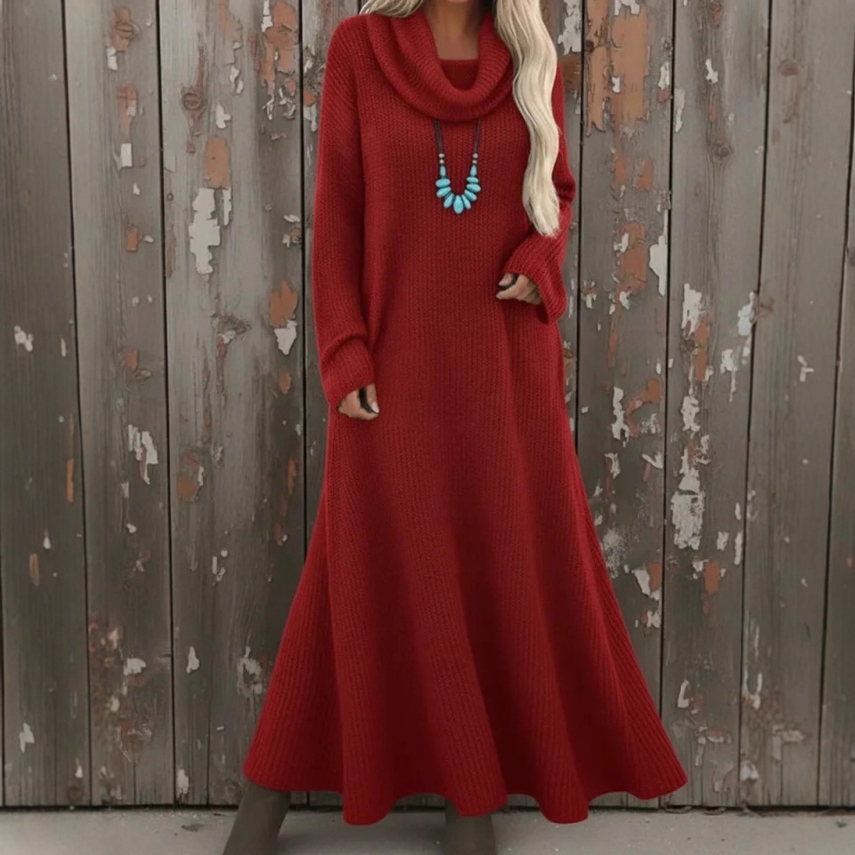 Long Loose Turtleneck Knit Sweater Dress