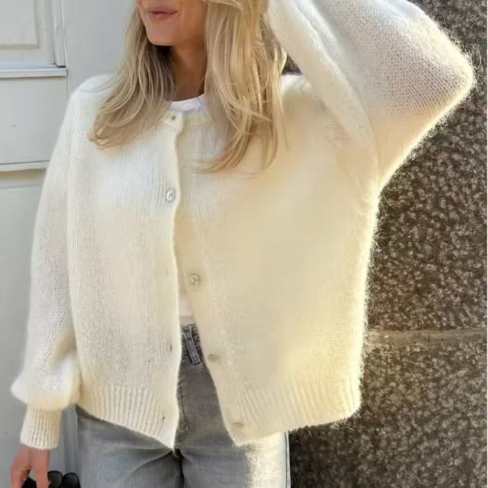 Women's Loose Knit Button-Front Cardigan Sweater Long Sleeve Crew Neck