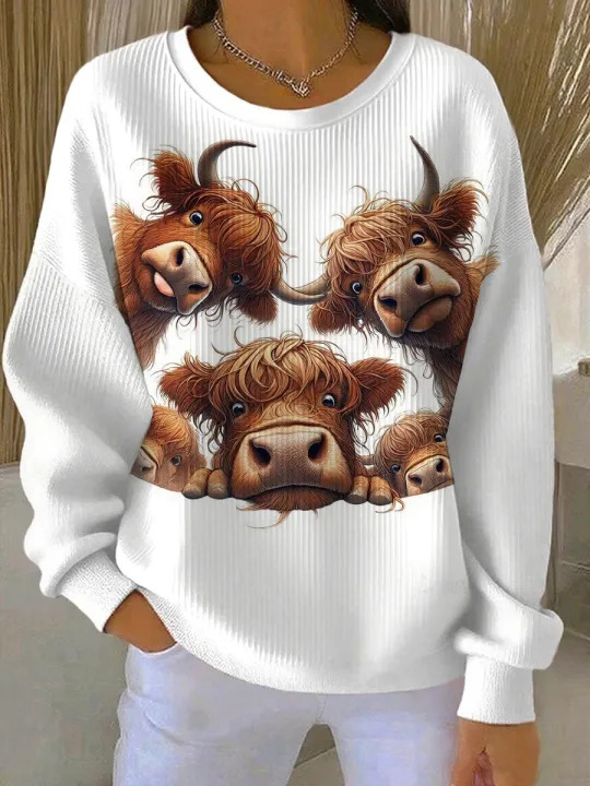 Women's Bull Head Print Crewneck Sweatshirt Casual Pullover