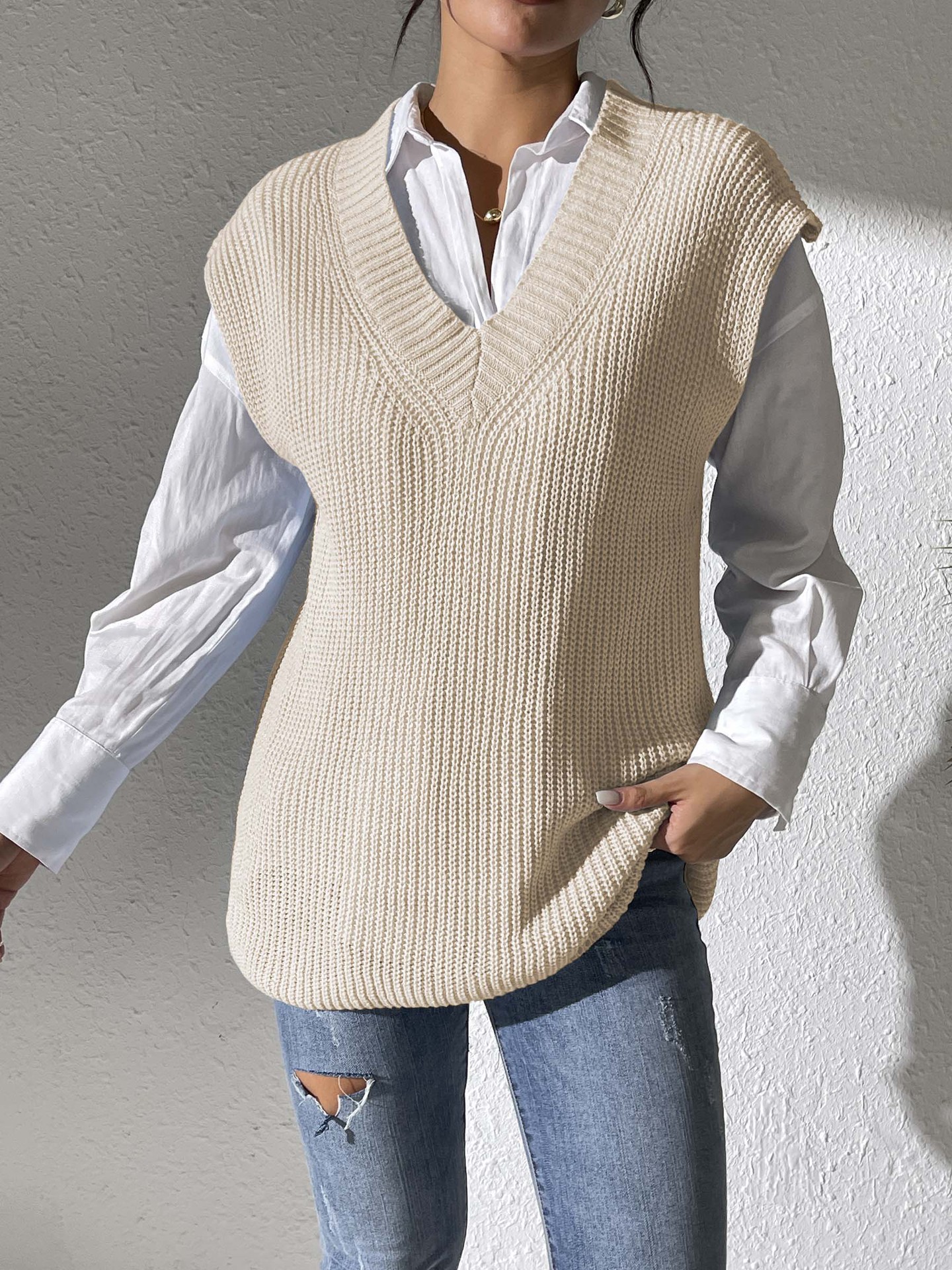 Women's V-Neck Sleeveless Sweater Vest Solid Color Knit Tank Top