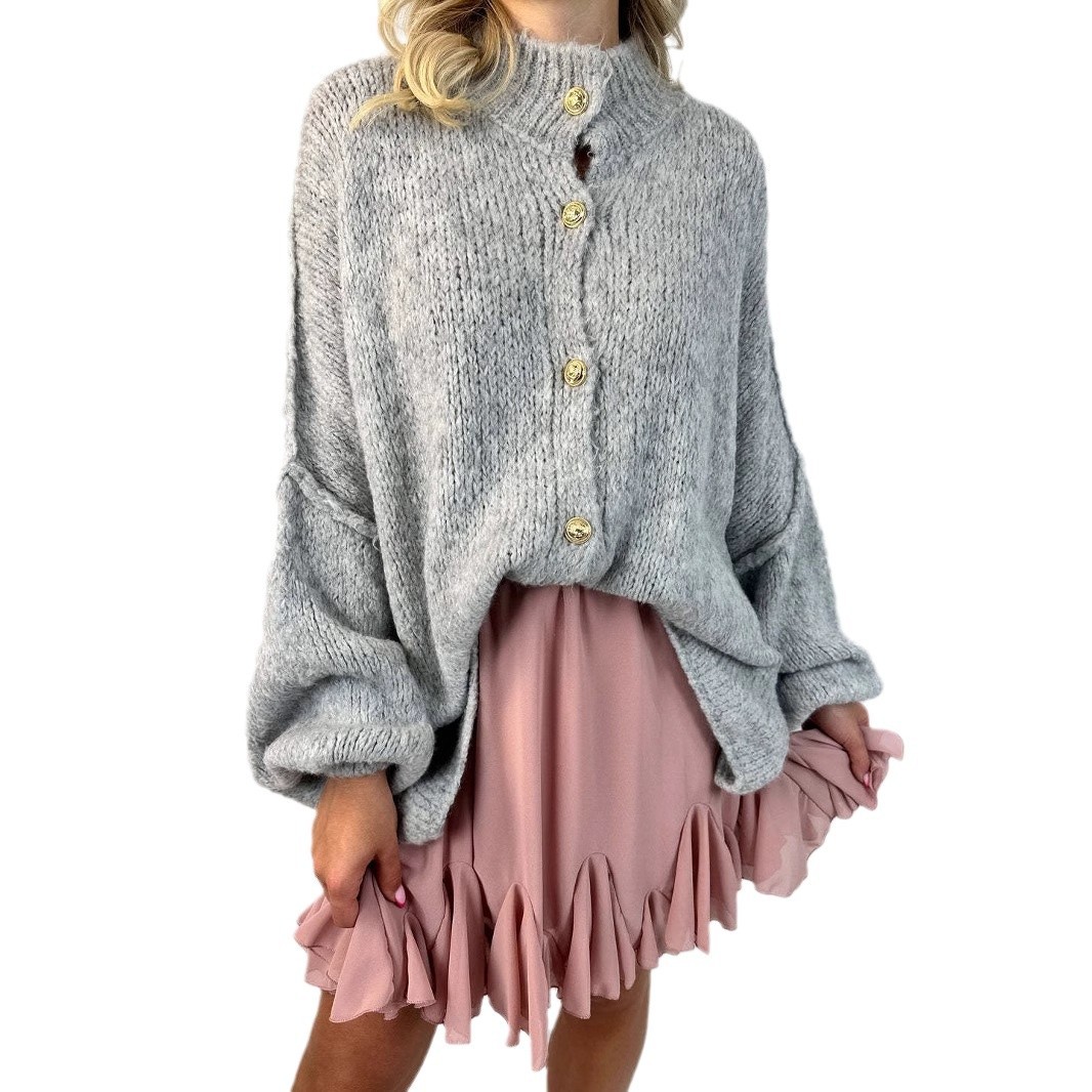 Women's Solid Color Loose Knit Cardigan Long Sleeve Round Neck