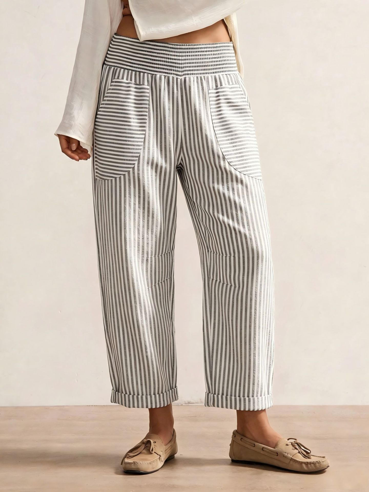 Women's Retro Striped Casual Pants with Pockets, Loose Straight-Leg