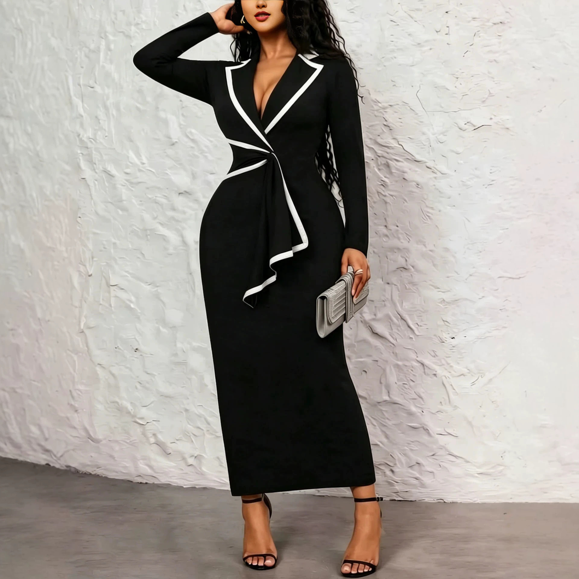 Women's Elegant Color-Block Tie-Front Collared Long Dress