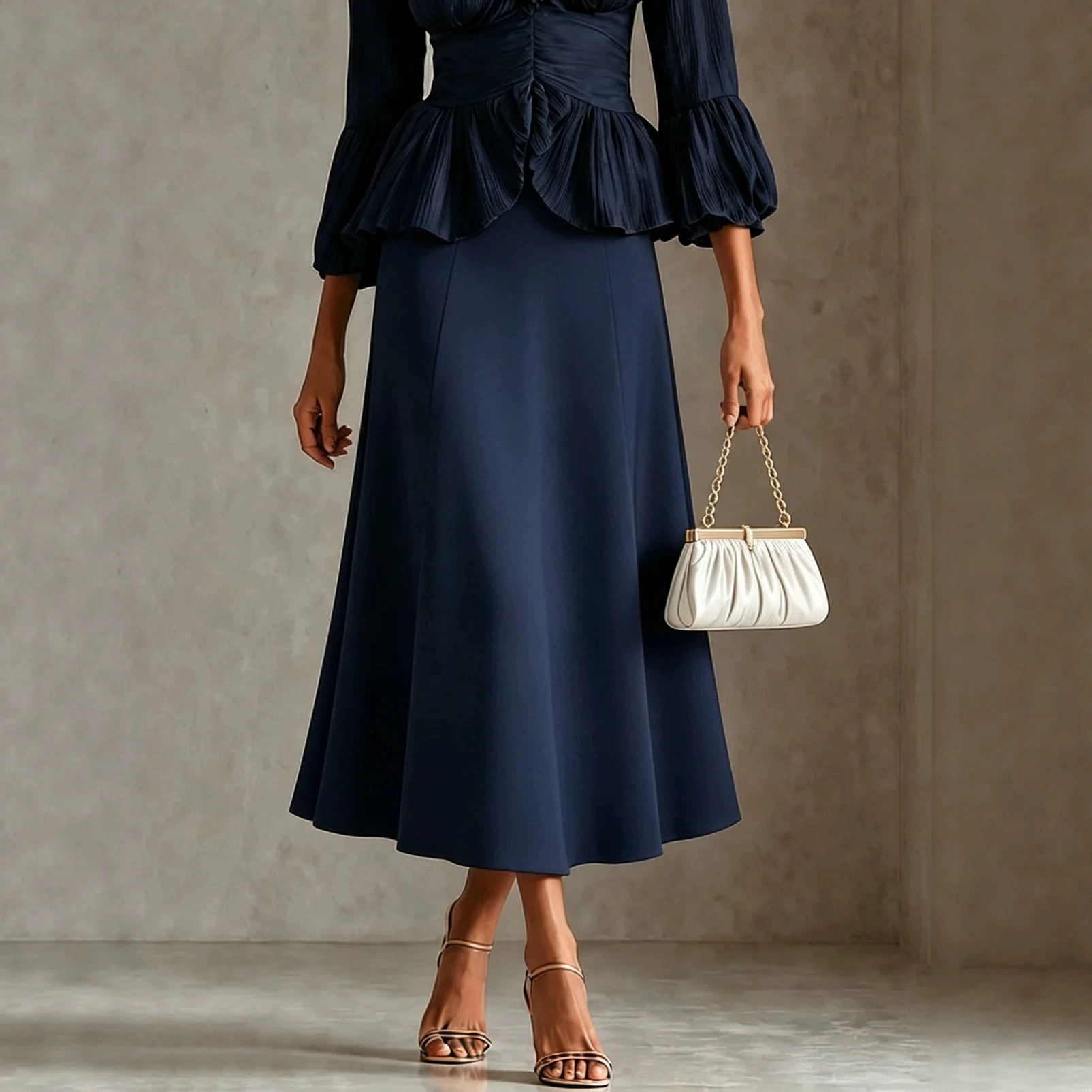 French Navy V-Neck Ruffle Waist Midi Dress