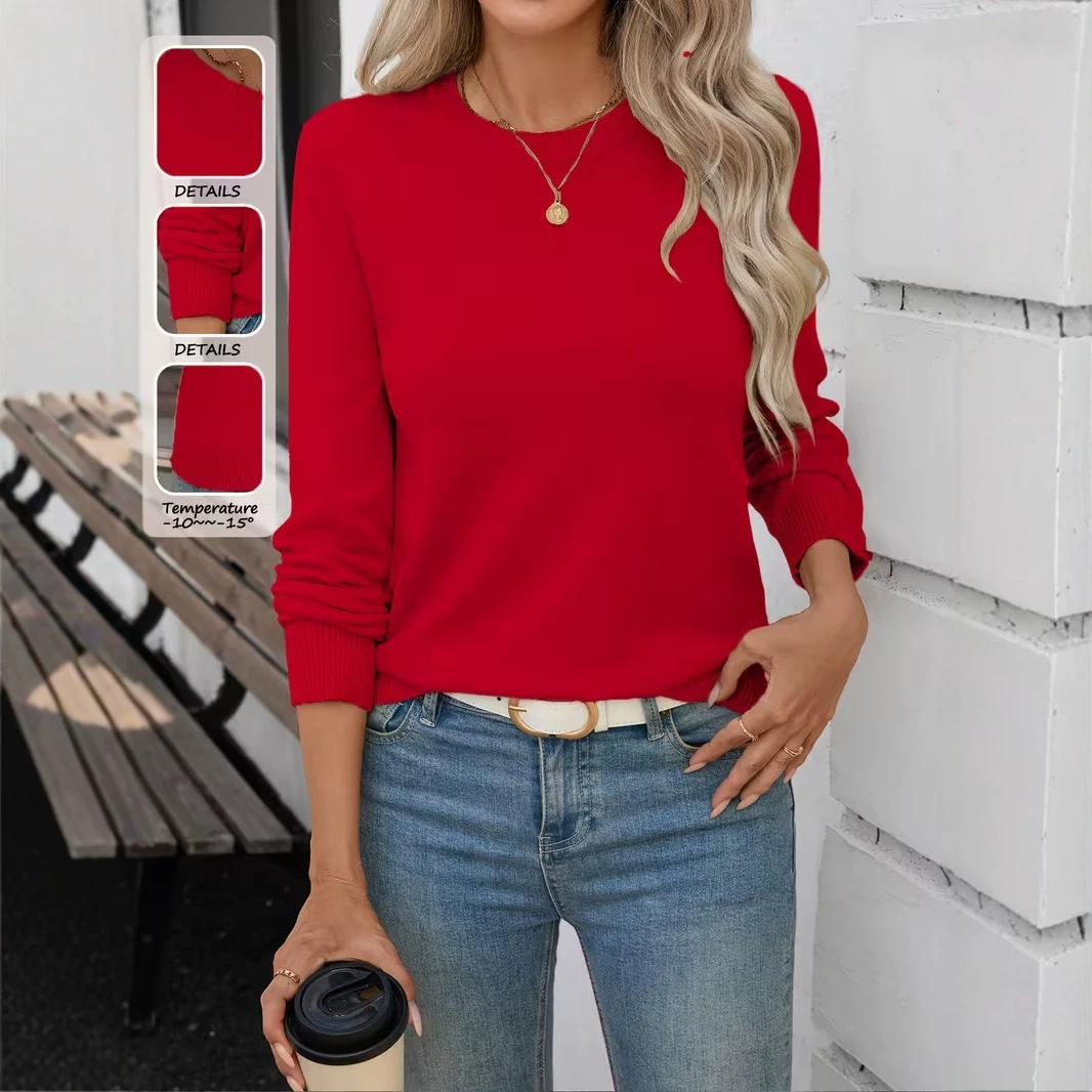 Women's Soft Stretch Crewneck Long-Sleeve Knit Top Solid Color