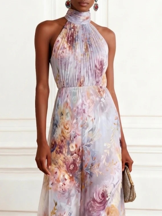 Printed Pleated High Neck Sleeveless Long Dress
