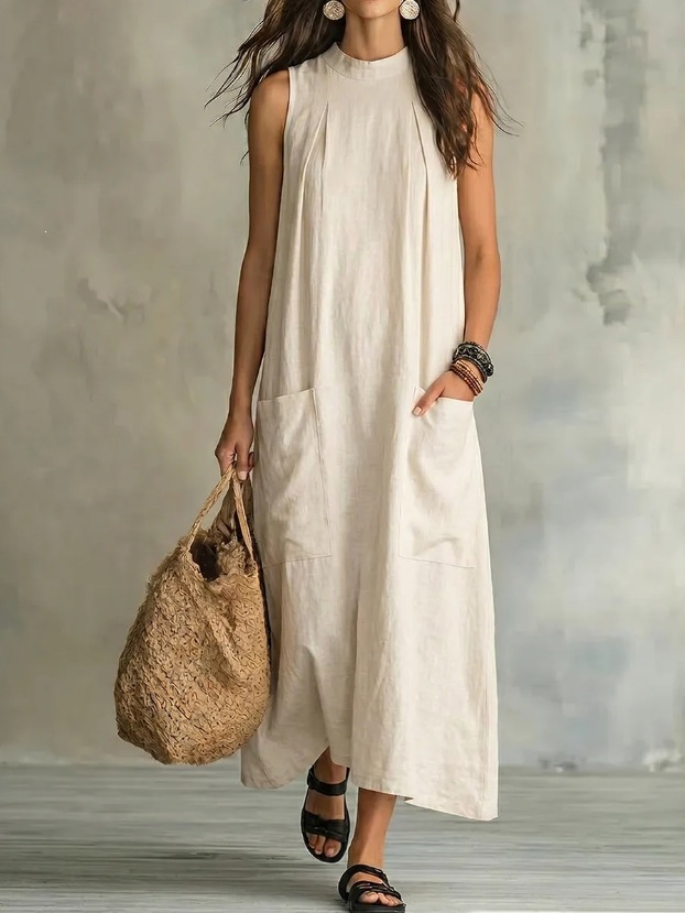 Retro Cotton-Linen Sleeveless Maxi Dress Solid Loose Flowy