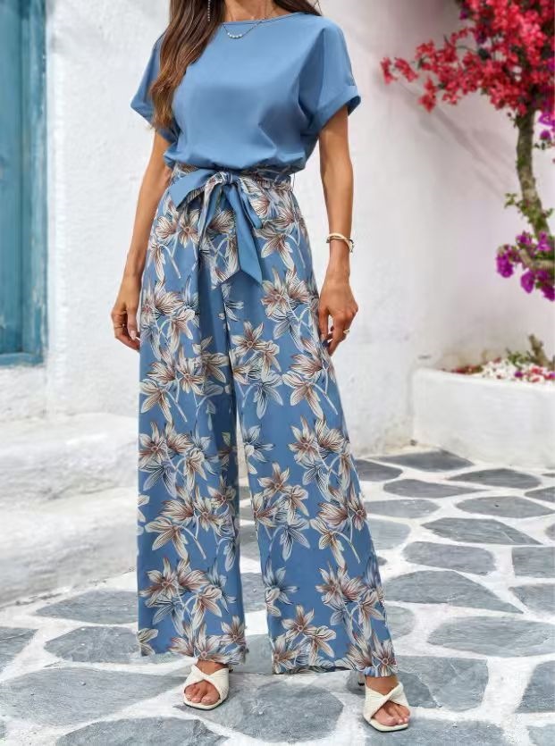 Women's Floral Print Round Neck Loose Jumpsuit