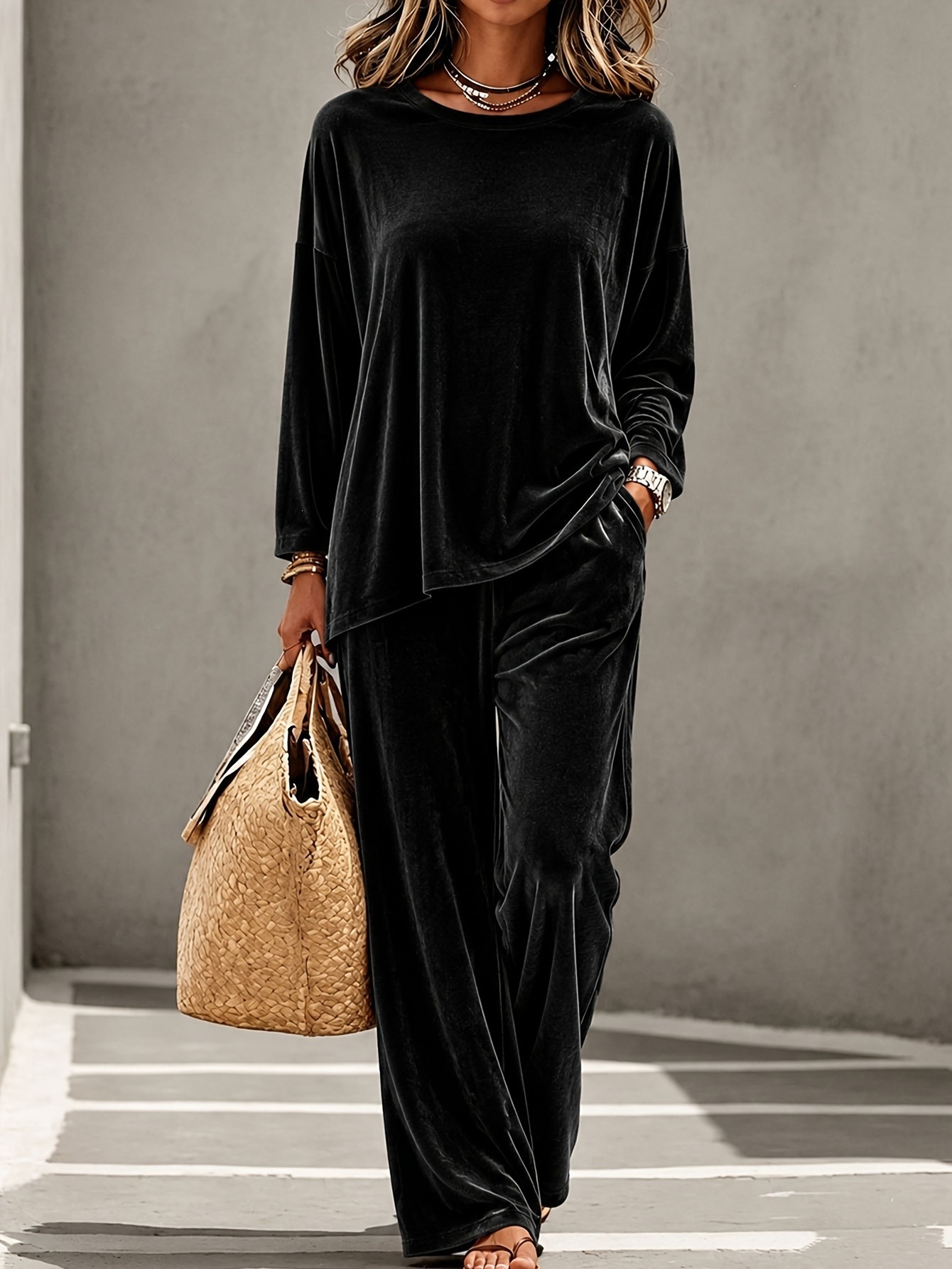 2026 New Cross-Border Women's Casual Round Neck Pullover Long Sleeve Long Pants Velvet Multi-Color Women's Set