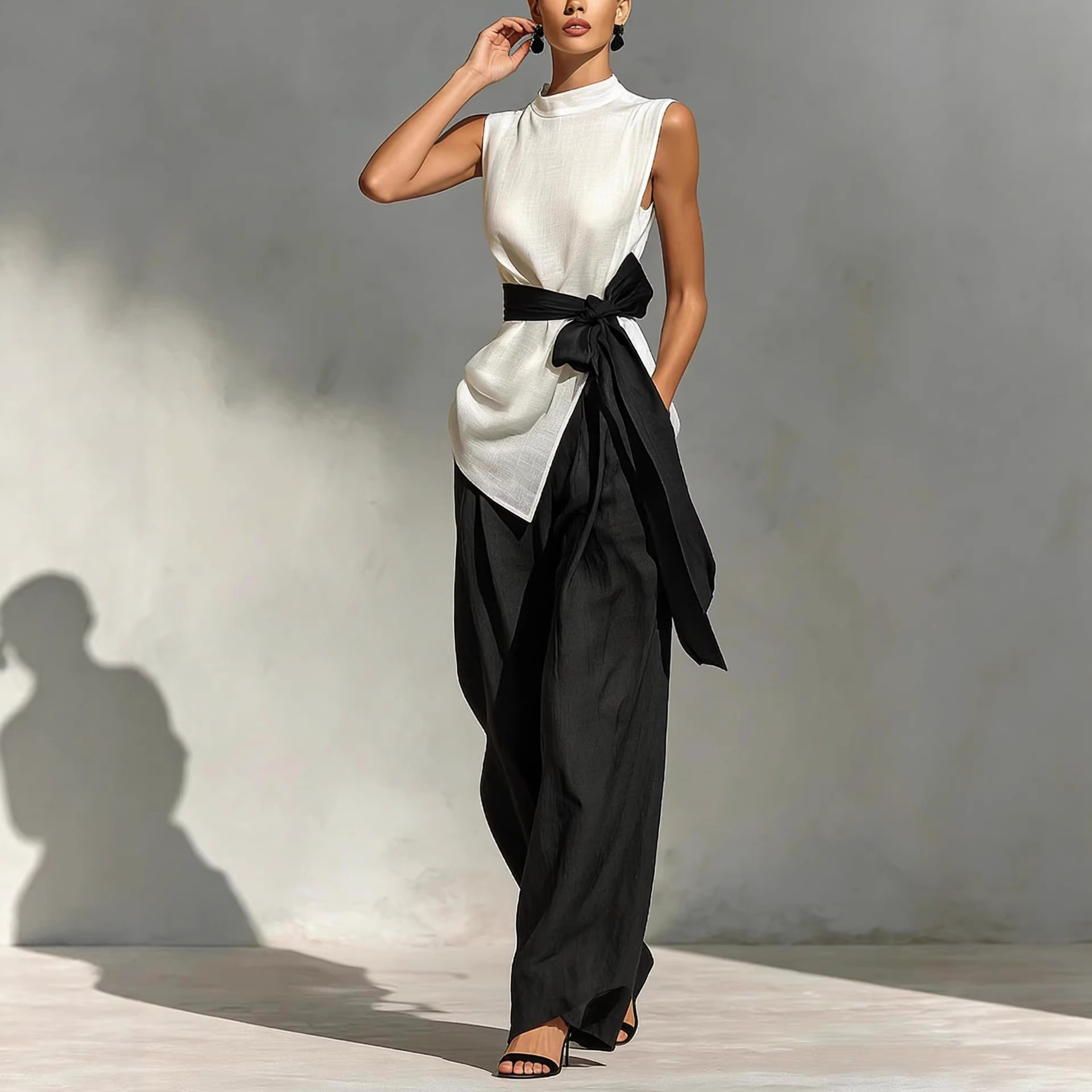 Women's Sleeveless Lace-Up Top and Wide-Leg Pants Two-Piece Set