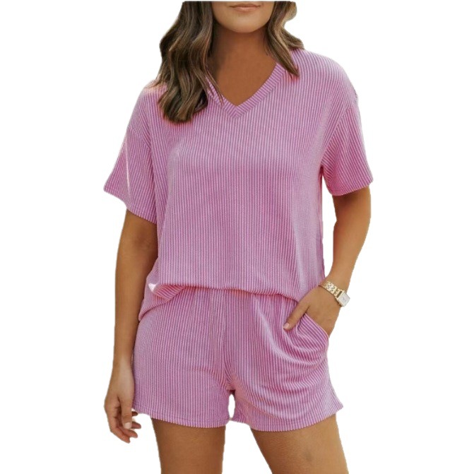 Women's Twist Ribbed Casual Two-Piece Set Short Sleeve Top and Shorts
