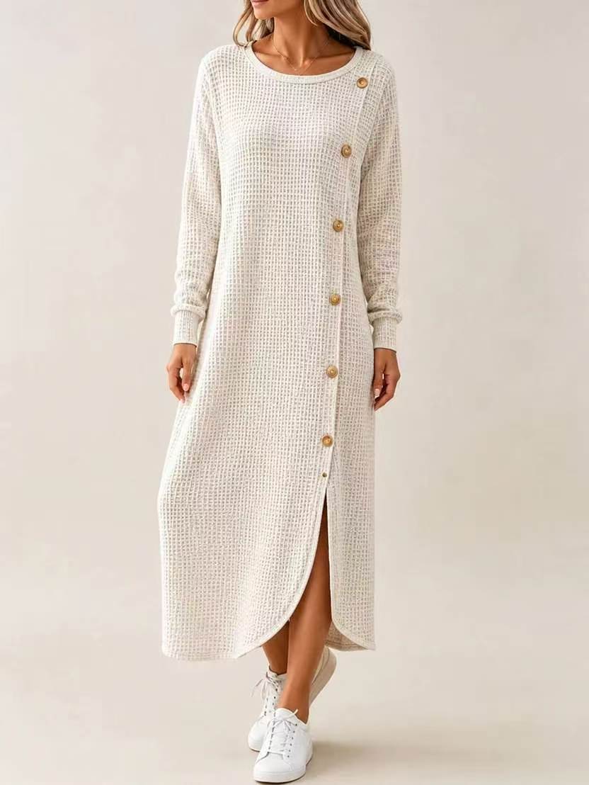 Waffle Knit Long Sleeve Button Slit Long Sweater Dress