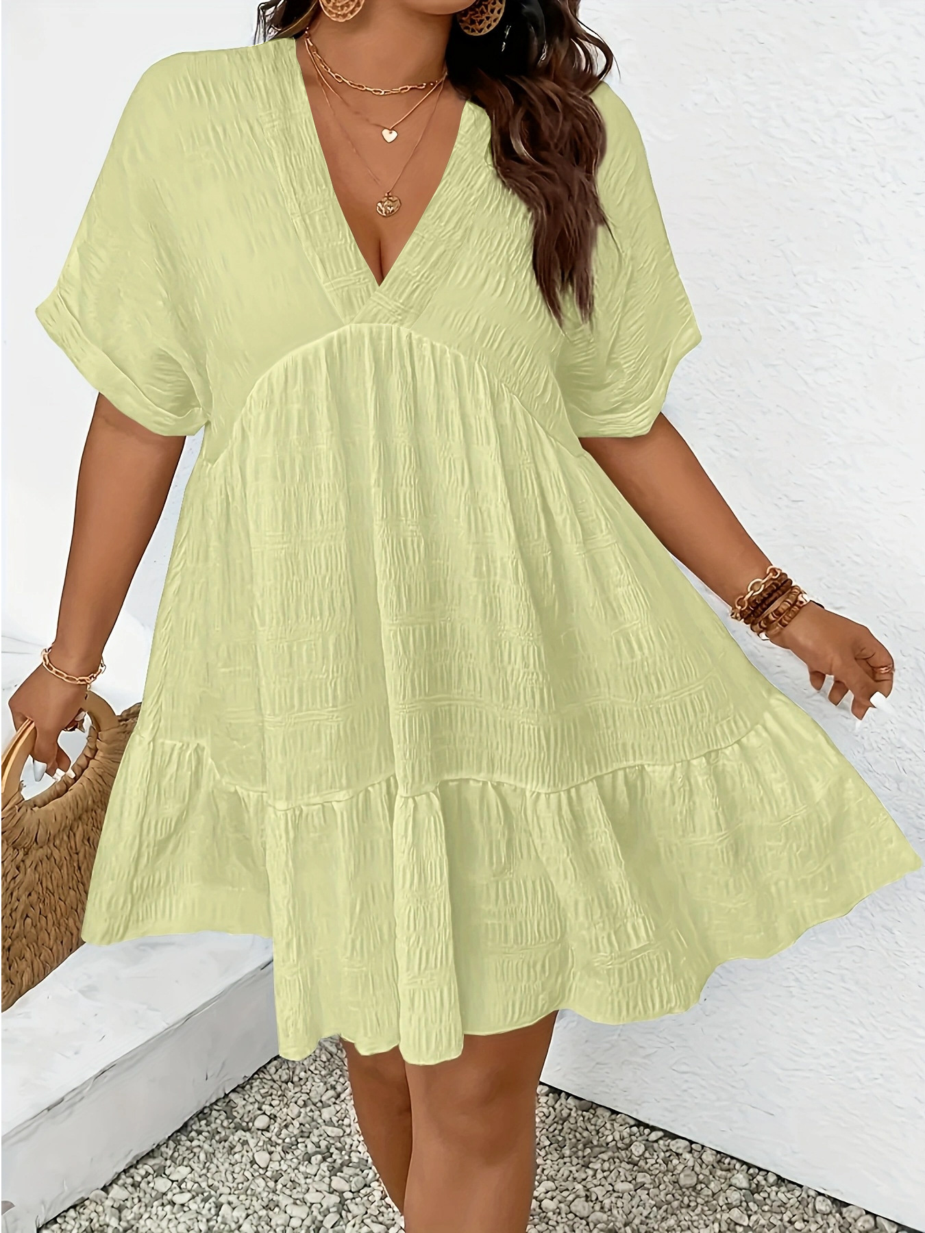 Women's Summer Casual Deep V-Neck Short Sleeve Loose Dress