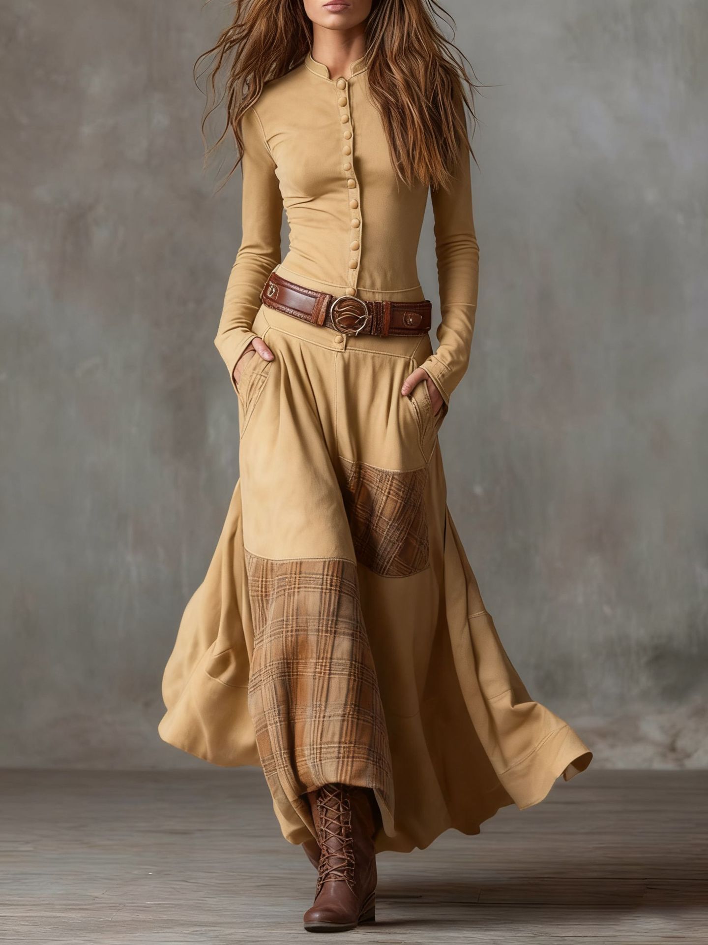 Suede Plaid Patchwork Vintage Dress with Pockets, Button & Belt
