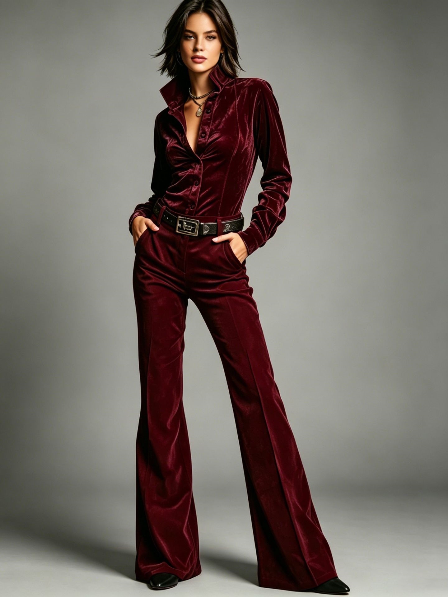 Velvet Two-Piece Set: Stand Collar Shirt & High-Waist Flared Pants