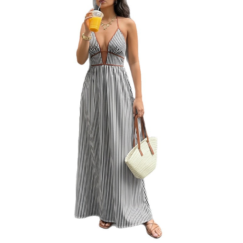 Women's Deep V-Neck Striped Sleeveless Maxi Dress