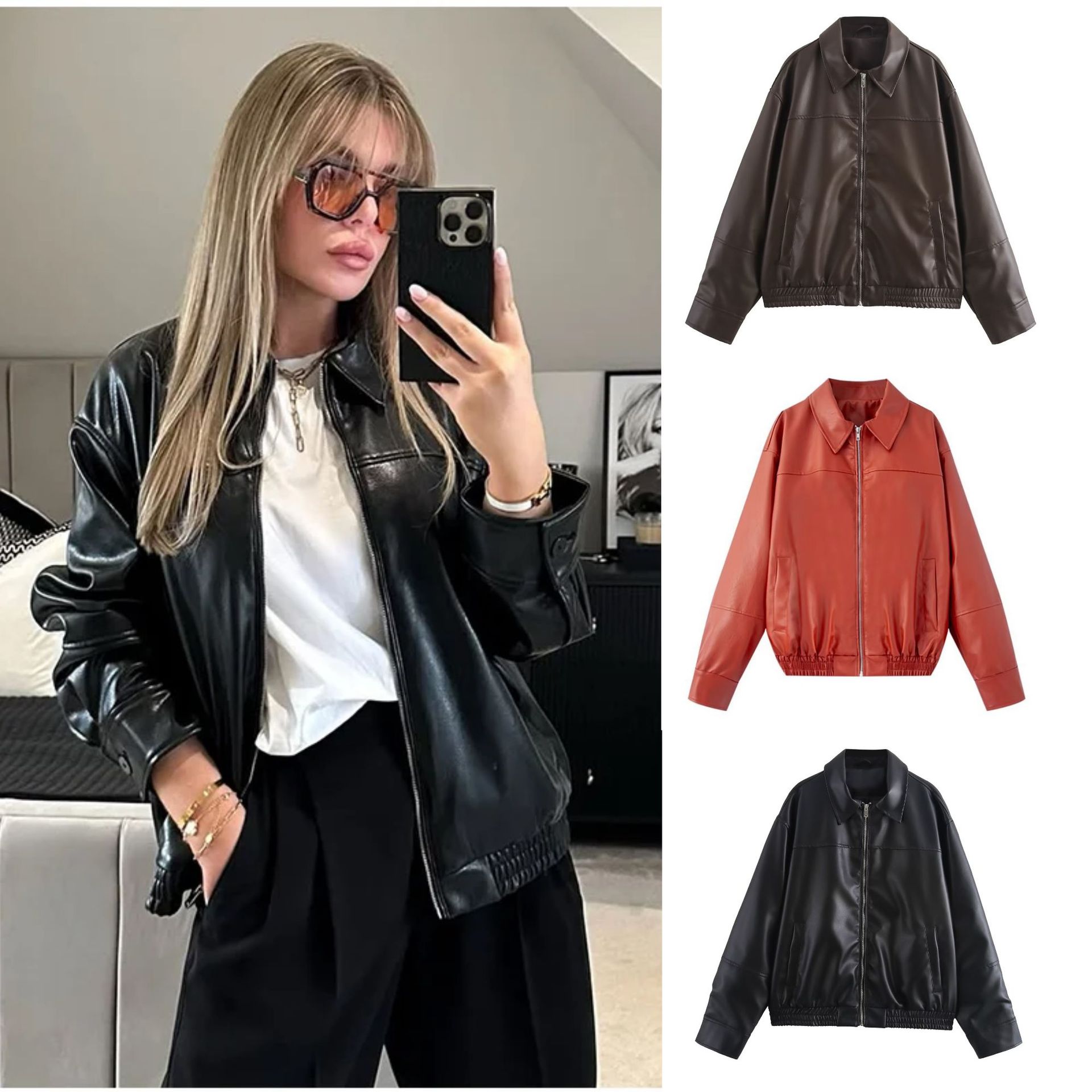 Faux Leather Bomber Jacket for Women