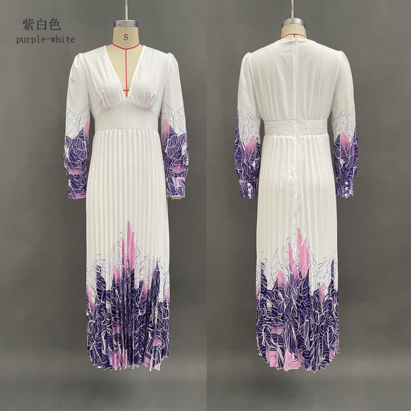 V-Neck Ruched Print Long A-Line Dress