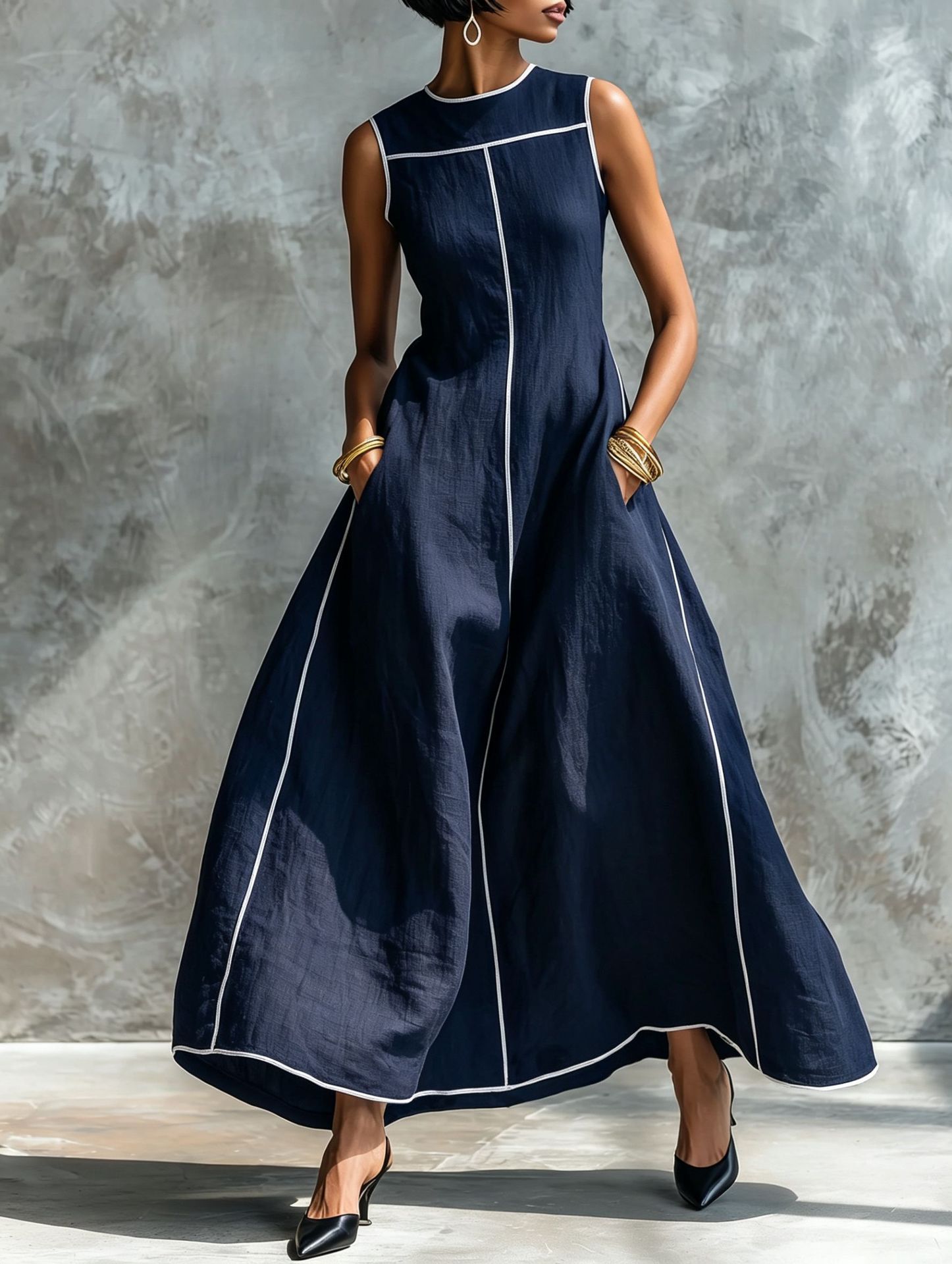 Women's Linen-Blend Sleeveless A-Line Dress with Contrast Trim