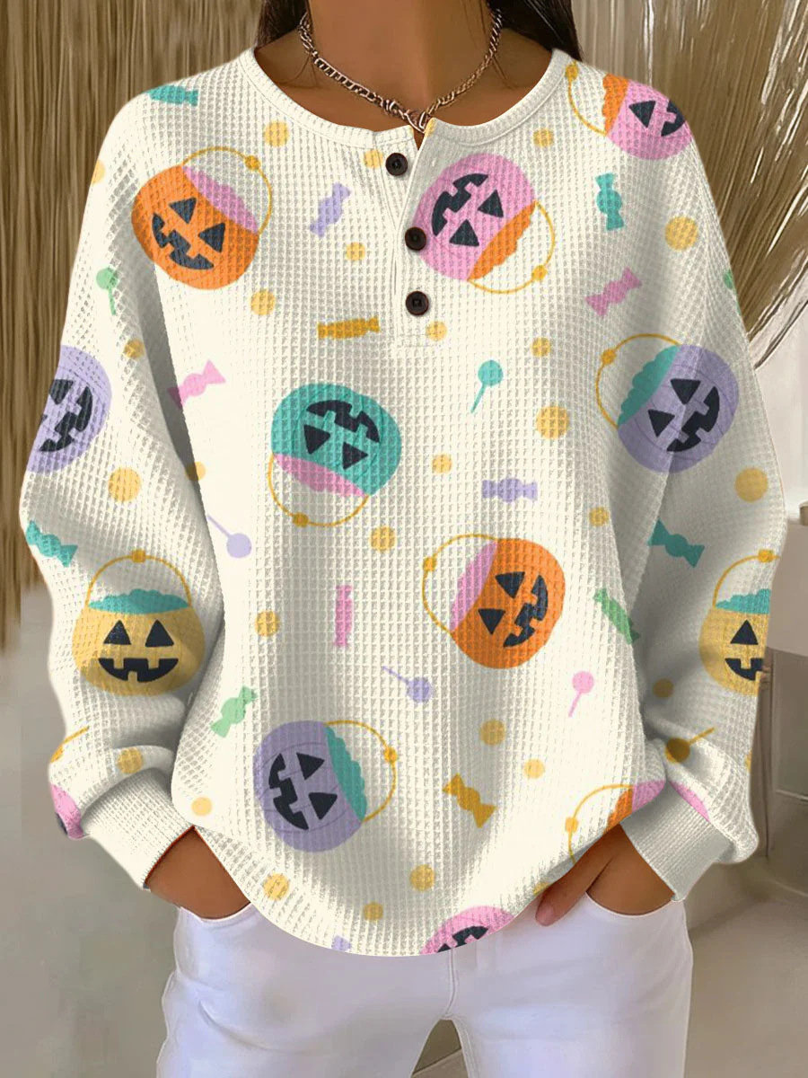 Women's Plaid Tree Floral Polka Dot Print Button Sweatshirt