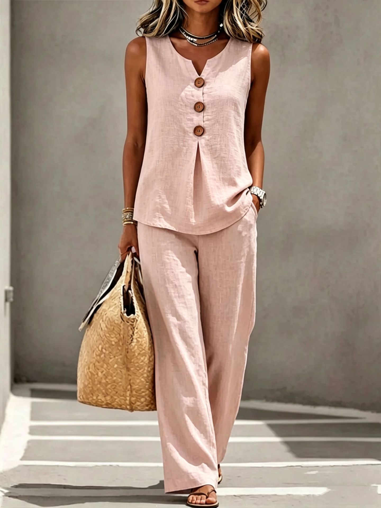 Women's V-Neck Button Sleeveless Tank Top and Pants Two-Piece Set