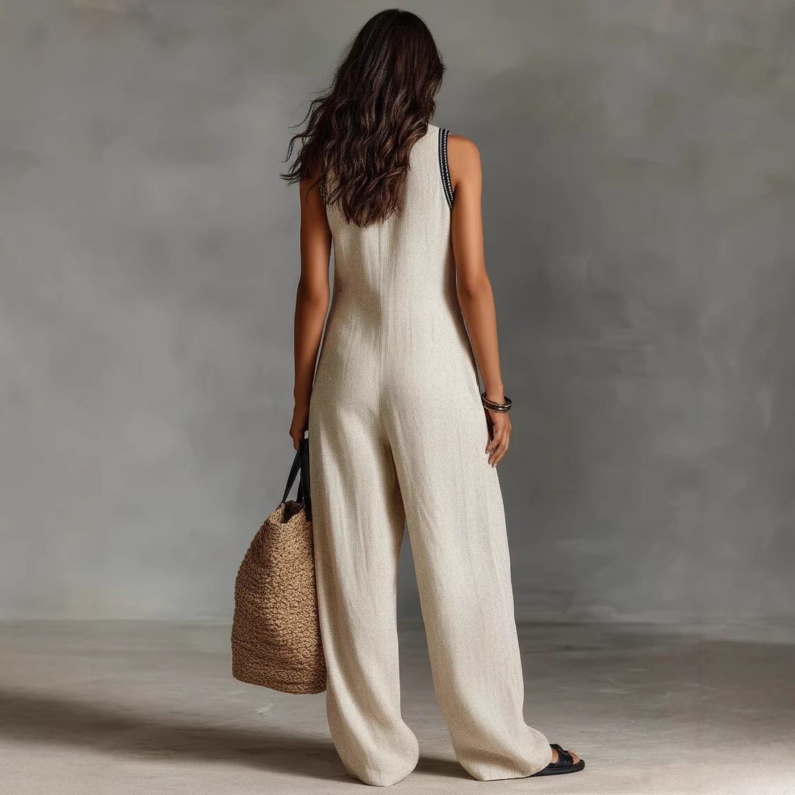 Women's Sleeveless Linen-Blend Wide-Leg Jumpsuit with Zip and Stand Collar
