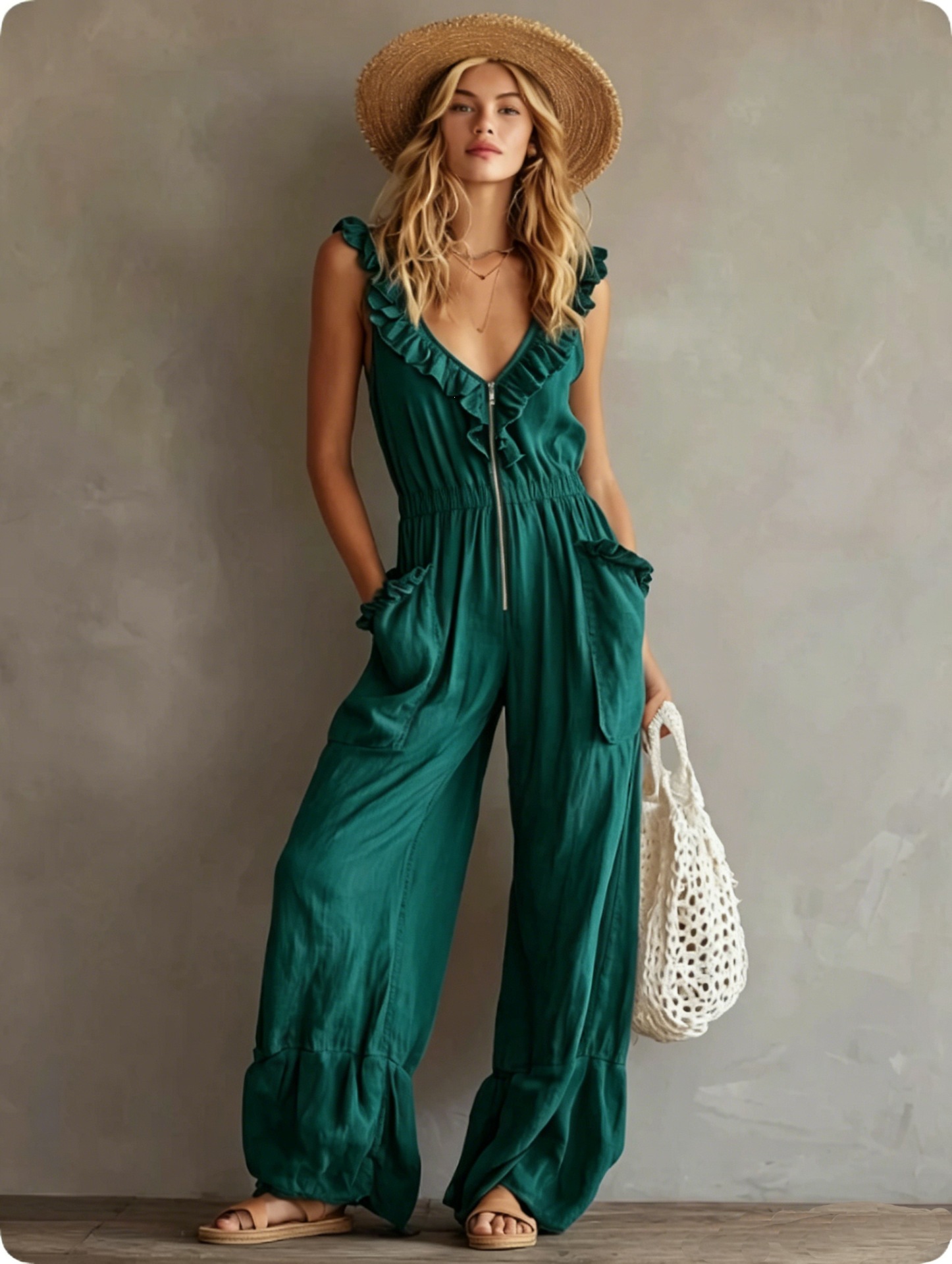 Bohemian V-Neck Ruffle Sleeveless Jumpsuit with Front Zip and Elastic Waist