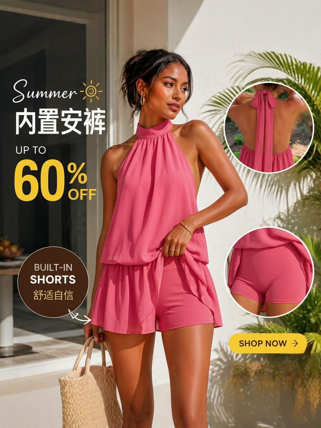 Women's Halter Open-Back Tie Chiffon A-Line Mini Dress with Built-in Shorts