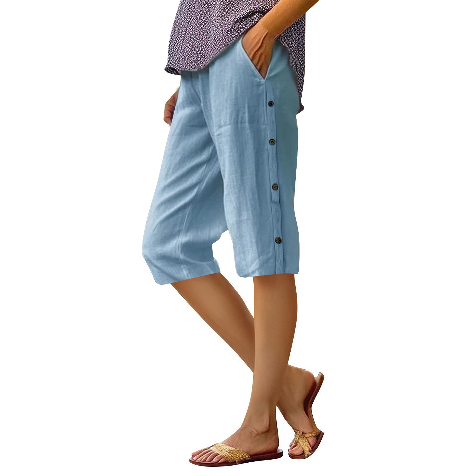 Cotton-Linen Cropped Pants with Side Button Detail and Pockets
