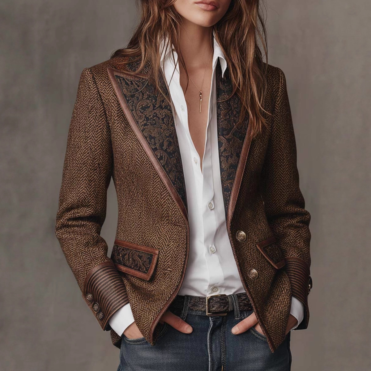 French Retro Color-Block Blazer-Collar Woolen Coat