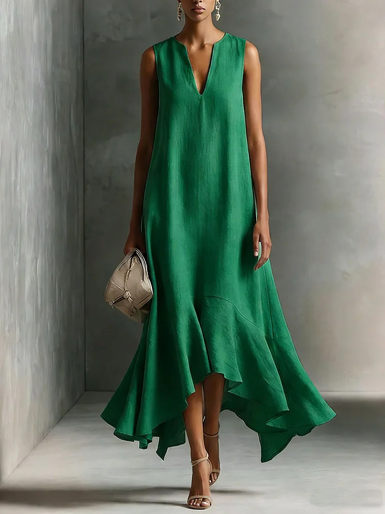 Deep V-Neck Sleeveless Asymmetrical Hem Dress