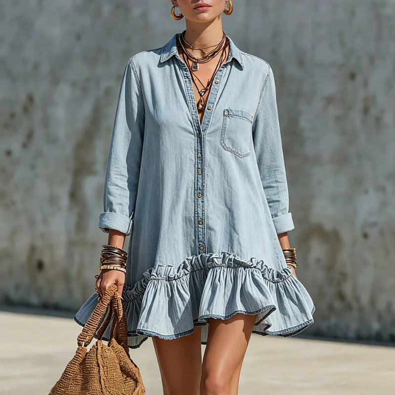 Light Blue Denim Ruffled Long Sleeve Mini Dress