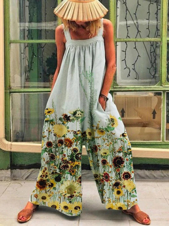 Women's Plus Size Floral Print Wide-Leg Jumpsuit with Straps