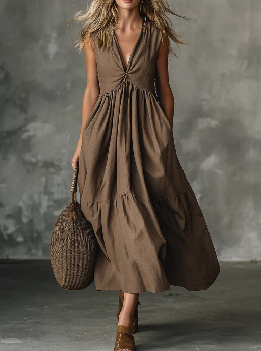 Solid Sleeveless Deep V-Neck A-Line Maxi Dress