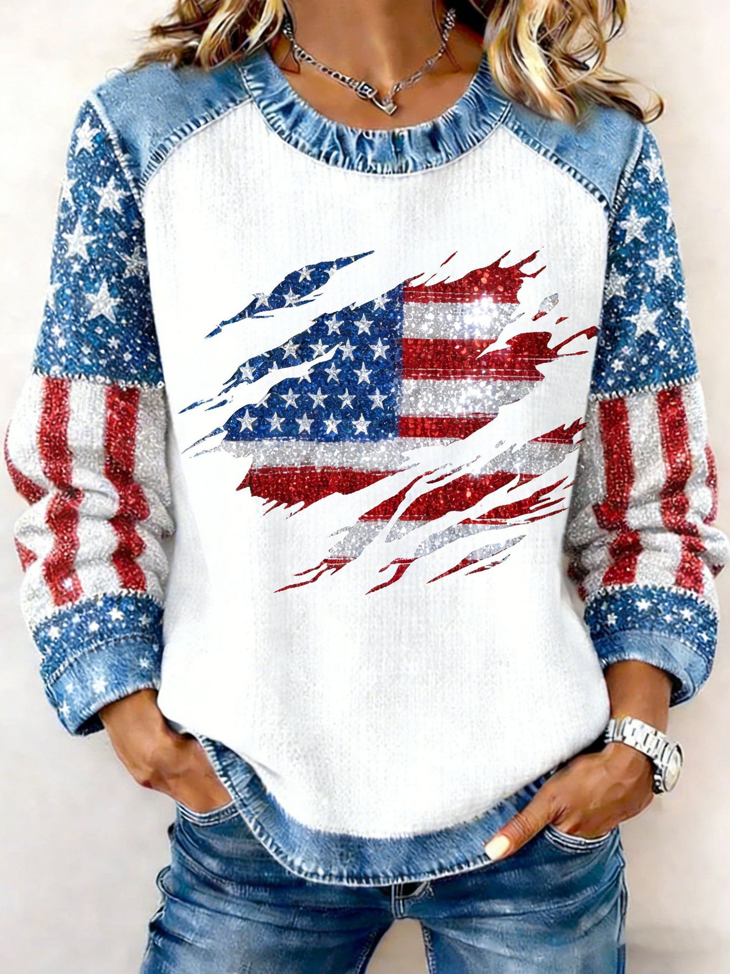 Women's Patriotic American Flag Print Crewneck Sweatshirt