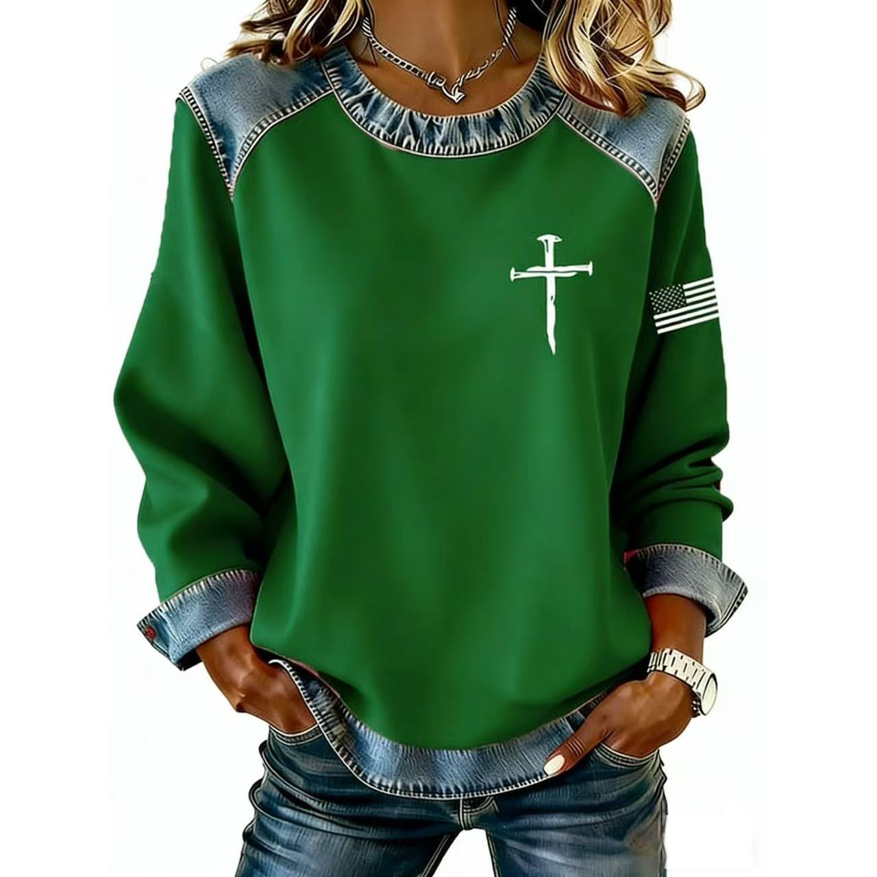 Denim Collar Colorblock Knit Pullover Sweater