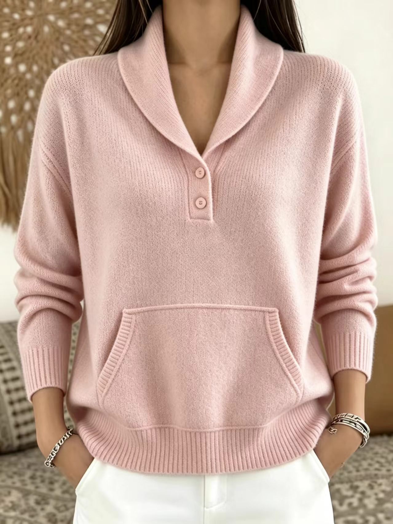 Suit-Collar Button Kangaroo Pocket Sweater for Women